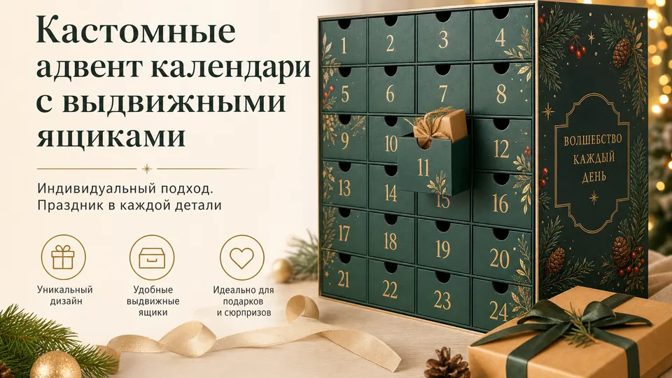 Кастомные адвент-календари с выдвижными ящиками: производство с брендированием и наполнением под ключ